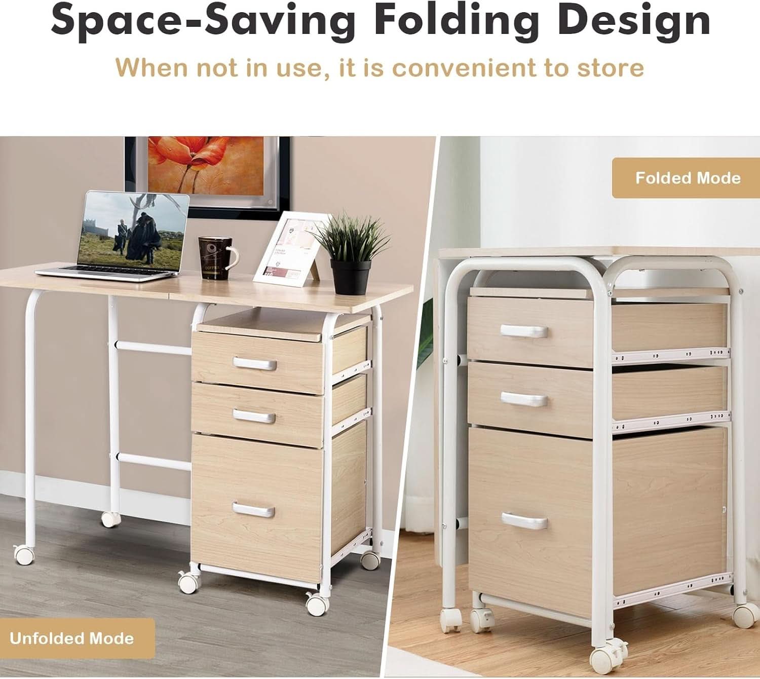 Foldable Laptop Desk with Drawers and Rolling Wheels
