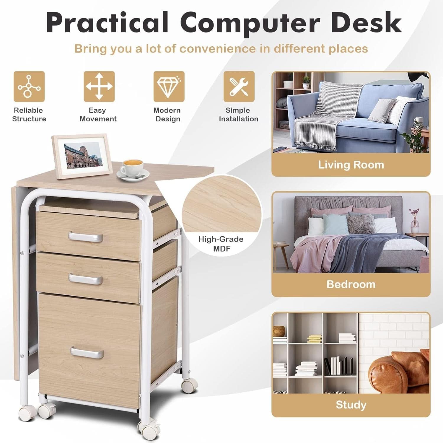 Foldable Laptop Desk with Drawers and Rolling Wheels