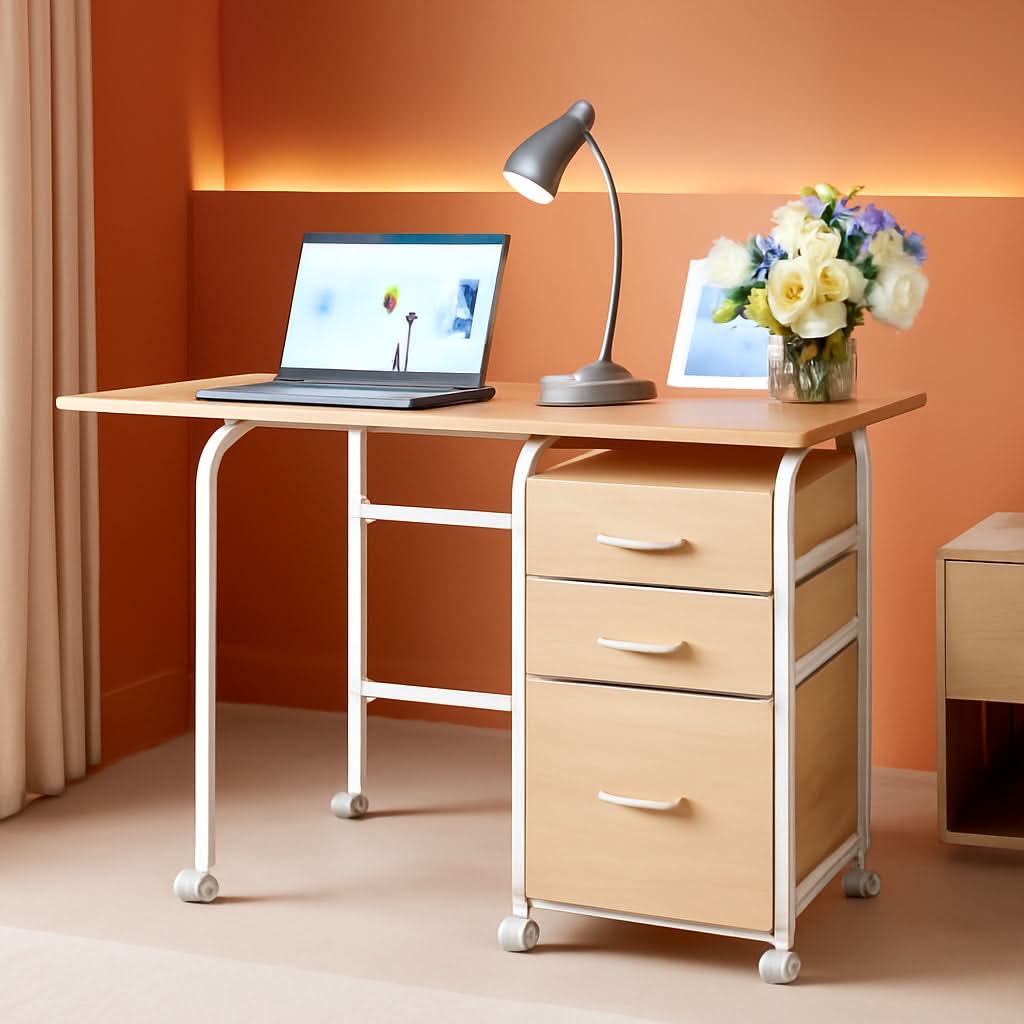 Foldable Laptop Desk with Drawers and Rolling Wheels