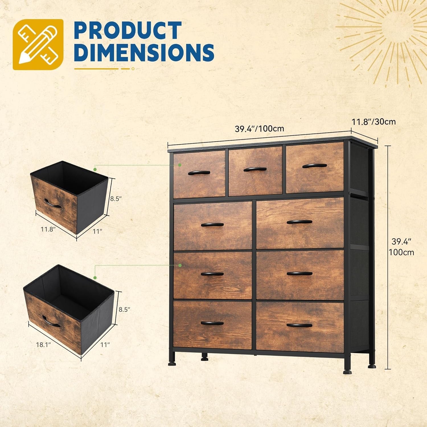 Foldable Nine Drawer Fabric Dresser With Metal Frame