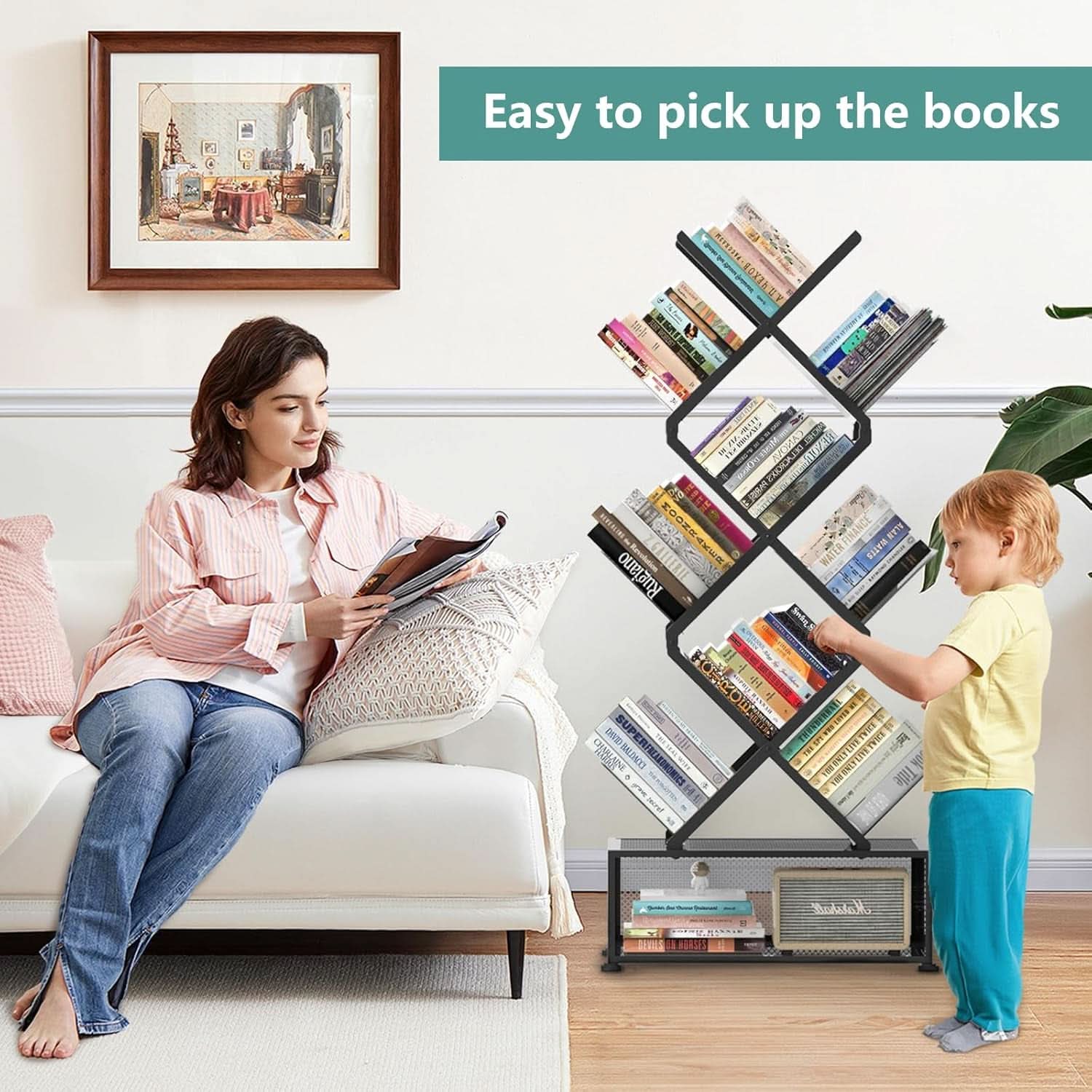 Folding Bookshelf 9 Tier Tree Design With Storage Cabinet