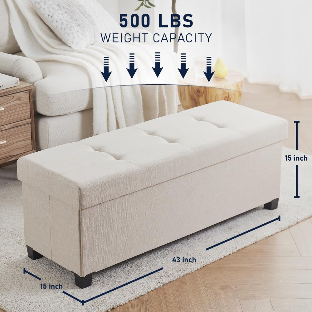Forty Three Inches Beige Leatherette Storage Ottoman Lid