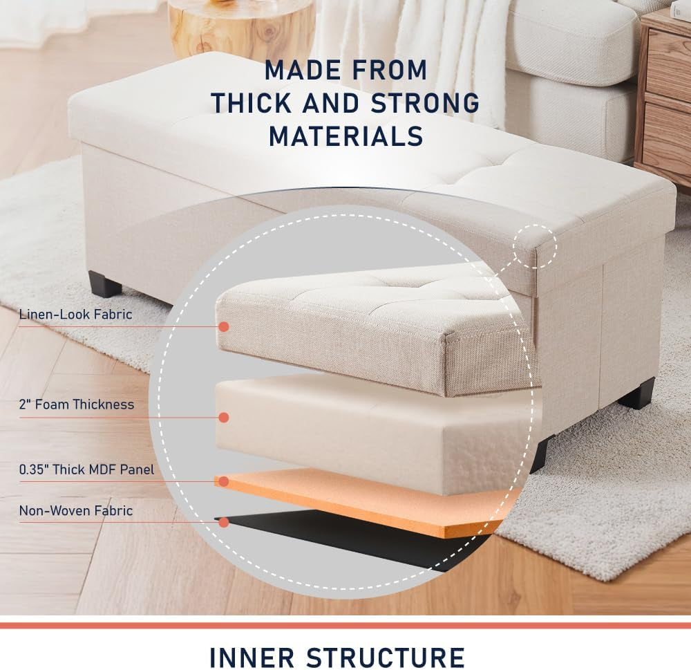 Forty Three Inches Beige Leatherette Storage Ottoman Lid