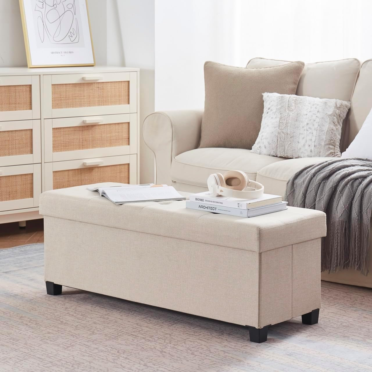 Forty Three Inches Beige Leatherette Storage Ottoman Lid