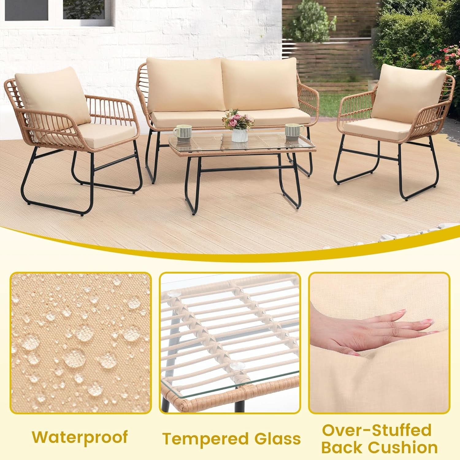 Four Piece Outdoor Wicker Sofa Rattan Chairs Set