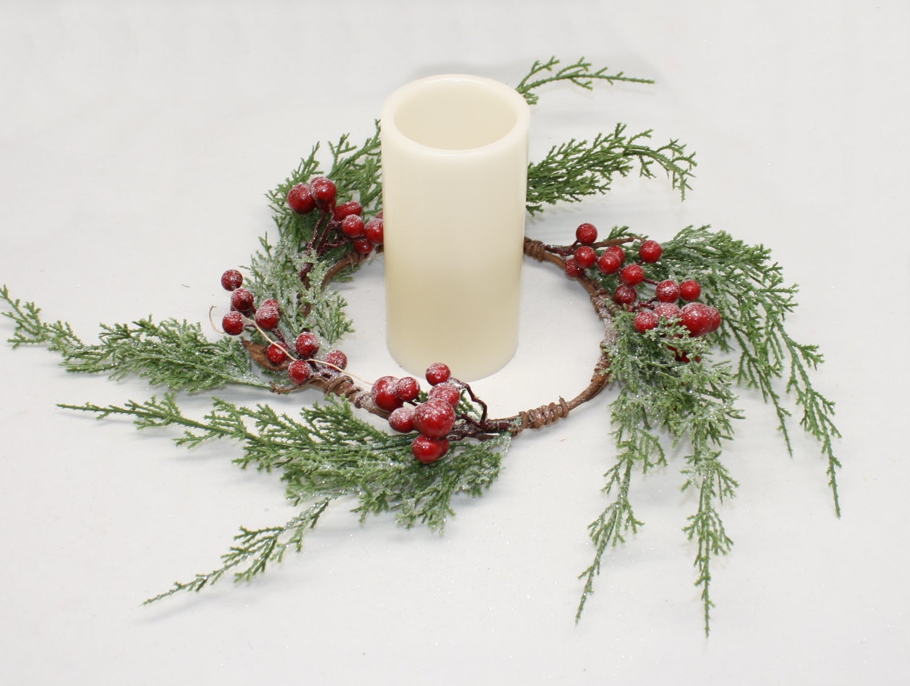 Frosted Faux Cedar Branch Candle Ring with Berries
