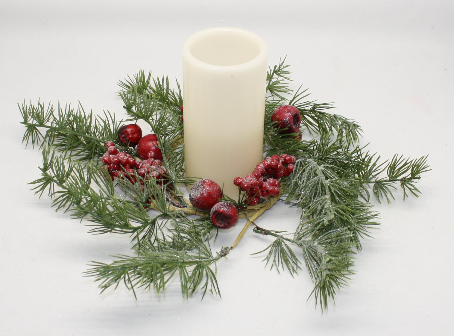 Frosted Faux Fir Branch Candle Ring with Berries
