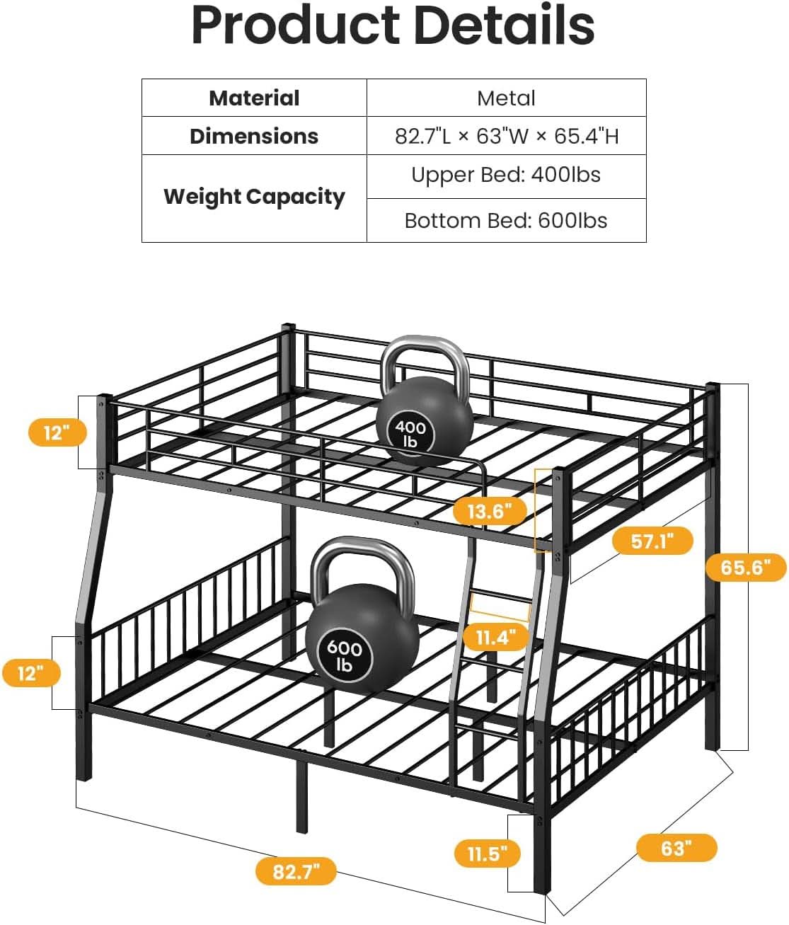 Full XL Over Queen Bunk Bed Heavy Duty Metal Black
