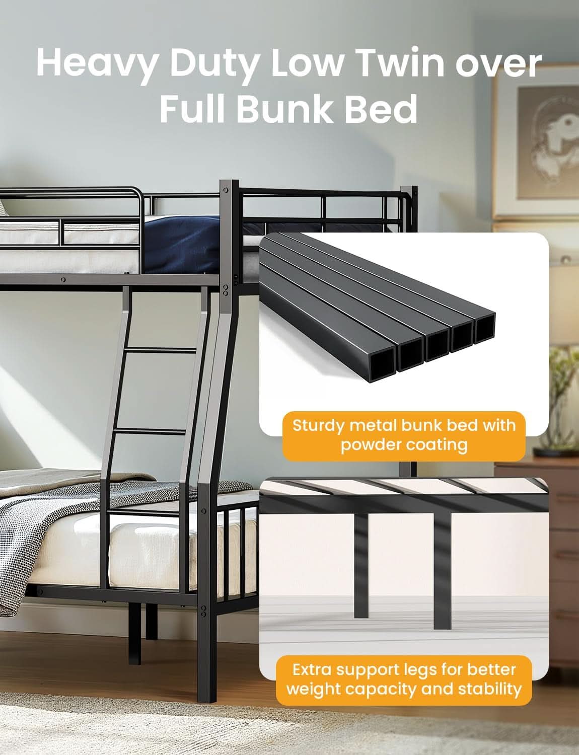 Full XL Over Queen Bunk Bed Heavy Duty Metal Black
