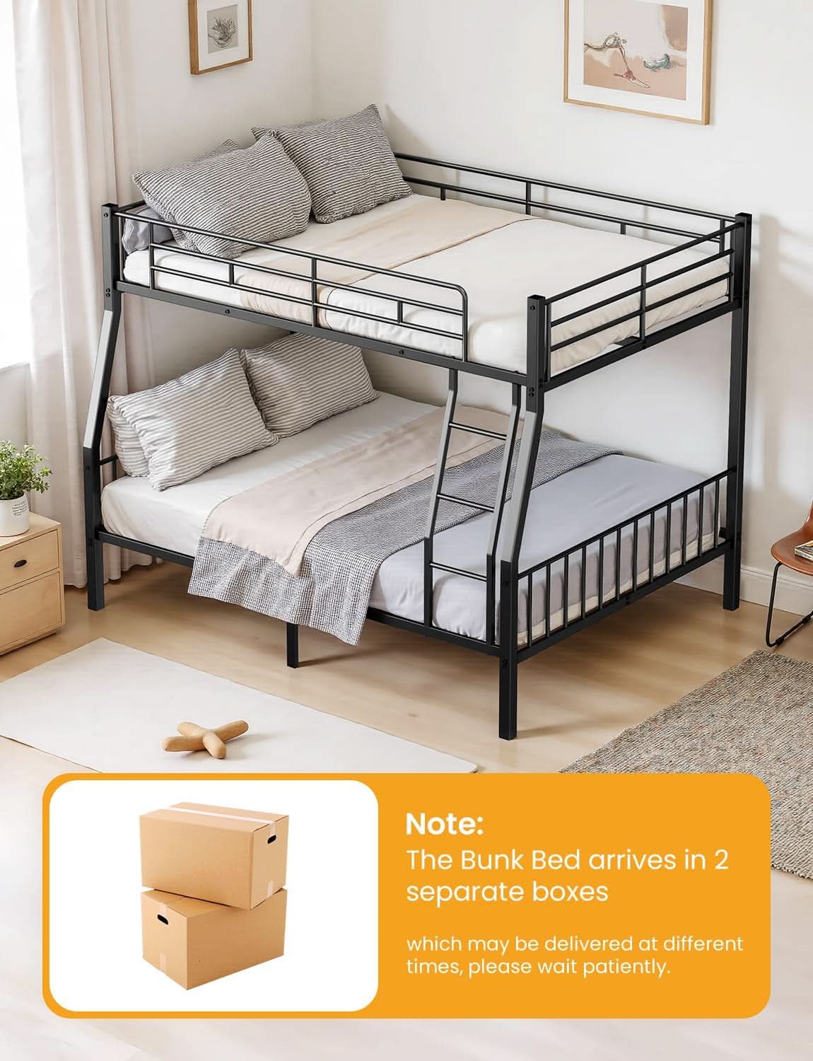Full XL Over Queen Bunk Bed Heavy Duty Metal Black