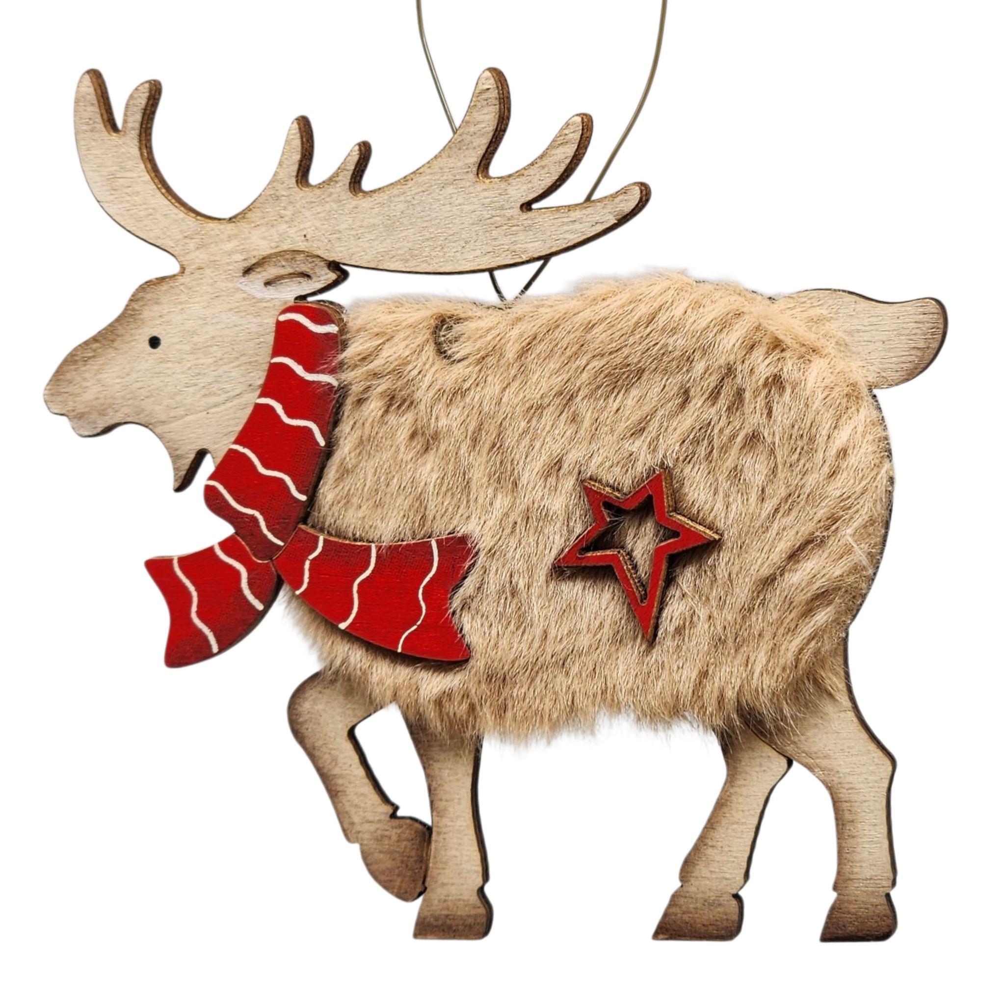 Fuzzy Wooden Reindeer Ornament - Looking Left