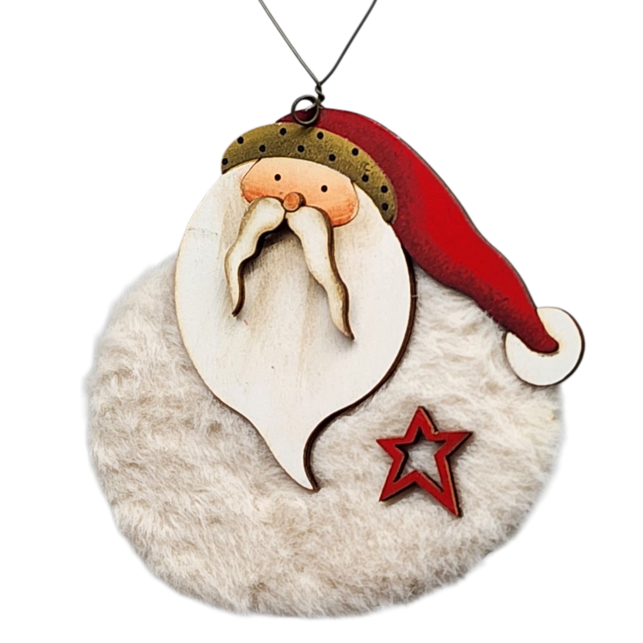 Fuzzy Wooden Santa Ornament - 4 Inches