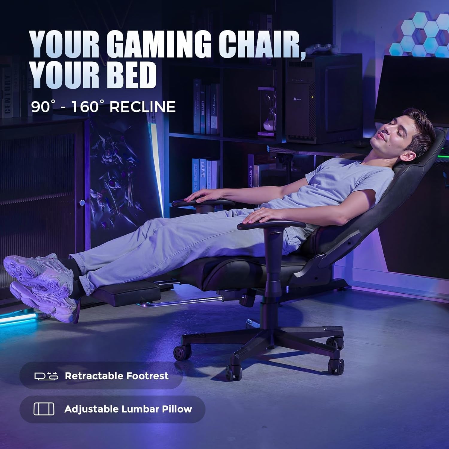 Gaming Chair Black Adjustable Footrest Ergonomic Chair