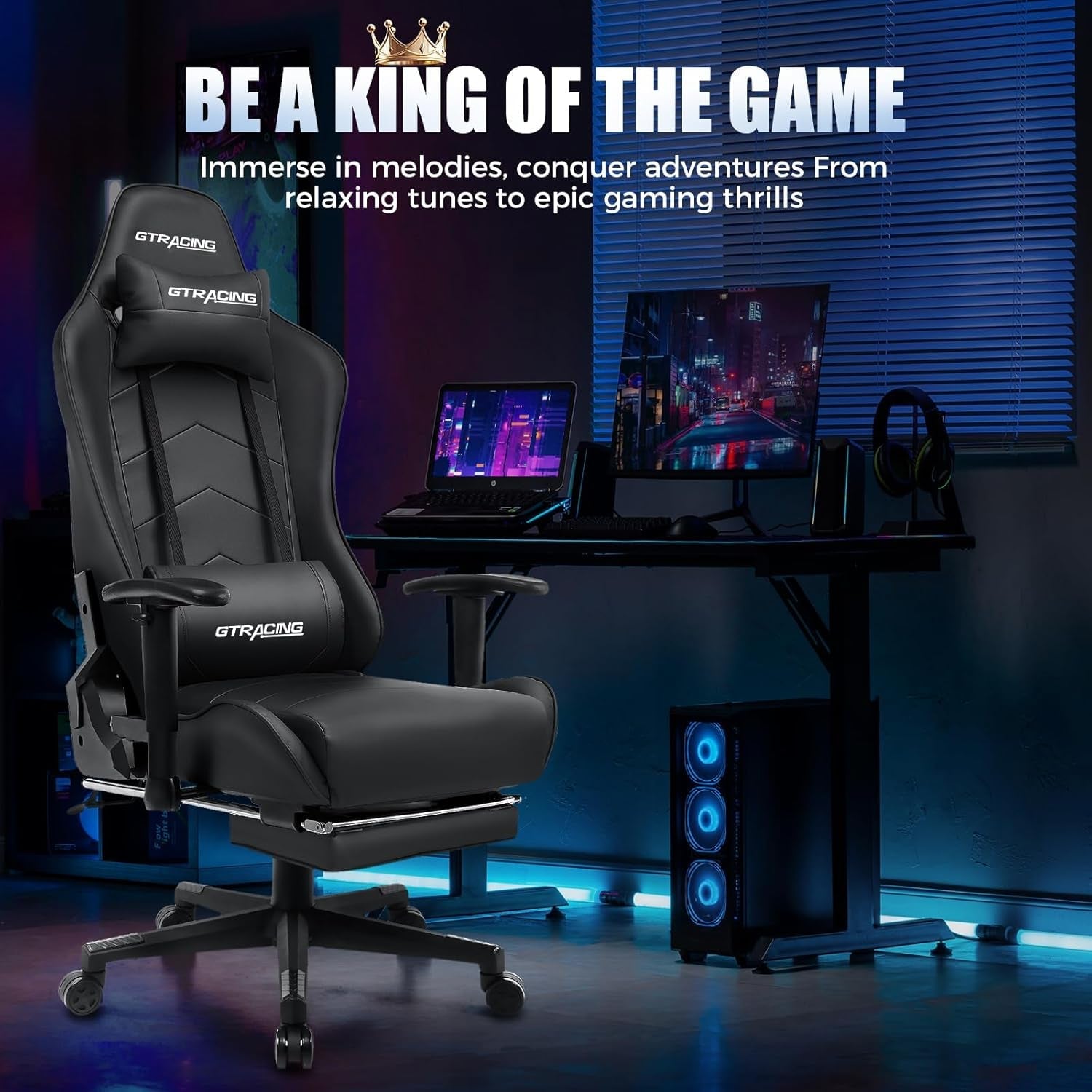 Gaming Chair Black Adjustable Footrest Ergonomic Chair