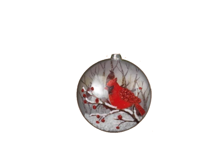 Glass Cardinal Disk Snow Filled Ornament - Branch Right