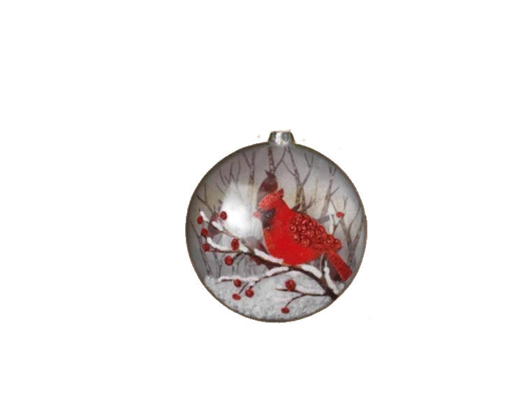 Glass Cardinal Disk Snow Filled Ornament - Branch Right