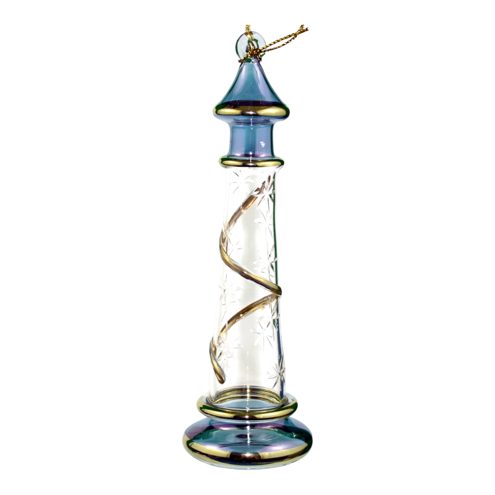Glass Lighthouse Ornament With Gold Accent - Blue