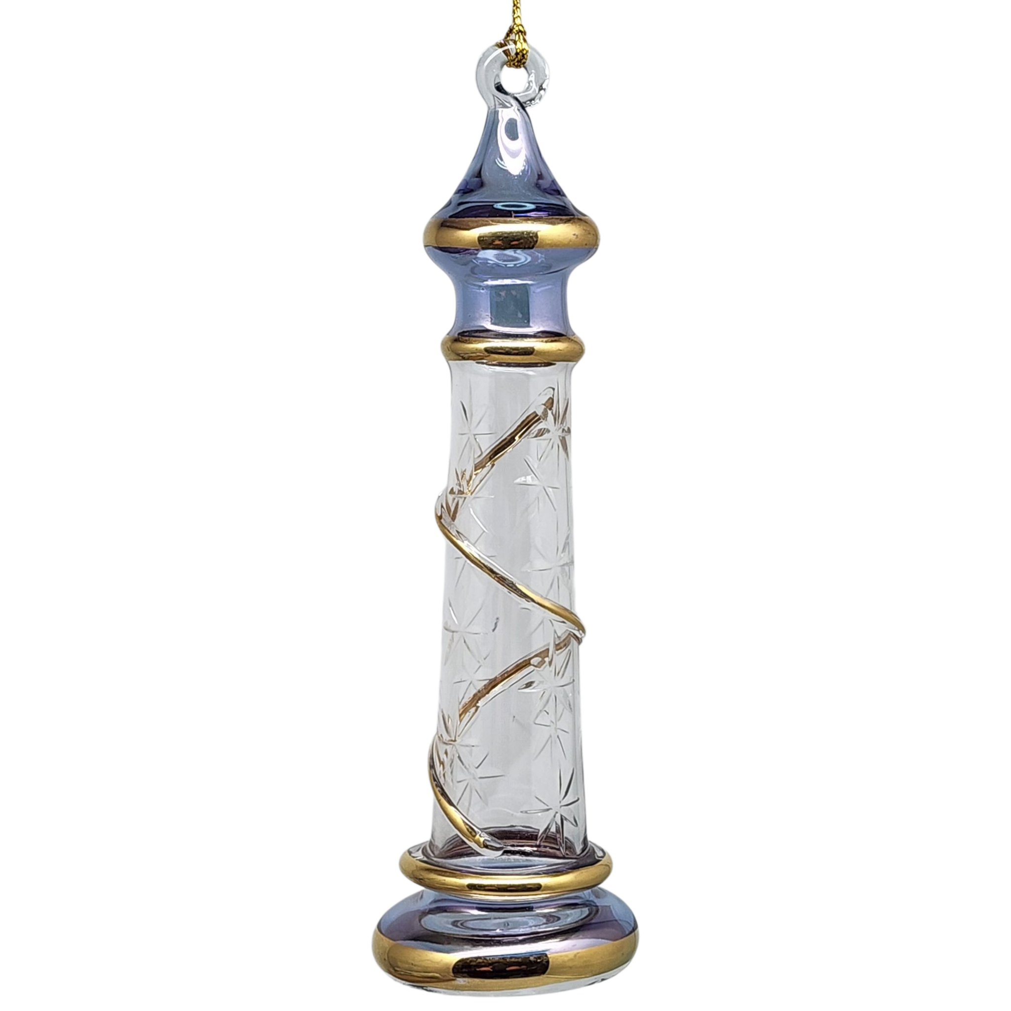 Glass Lighthouse Ornament With Gold Accent - Blue