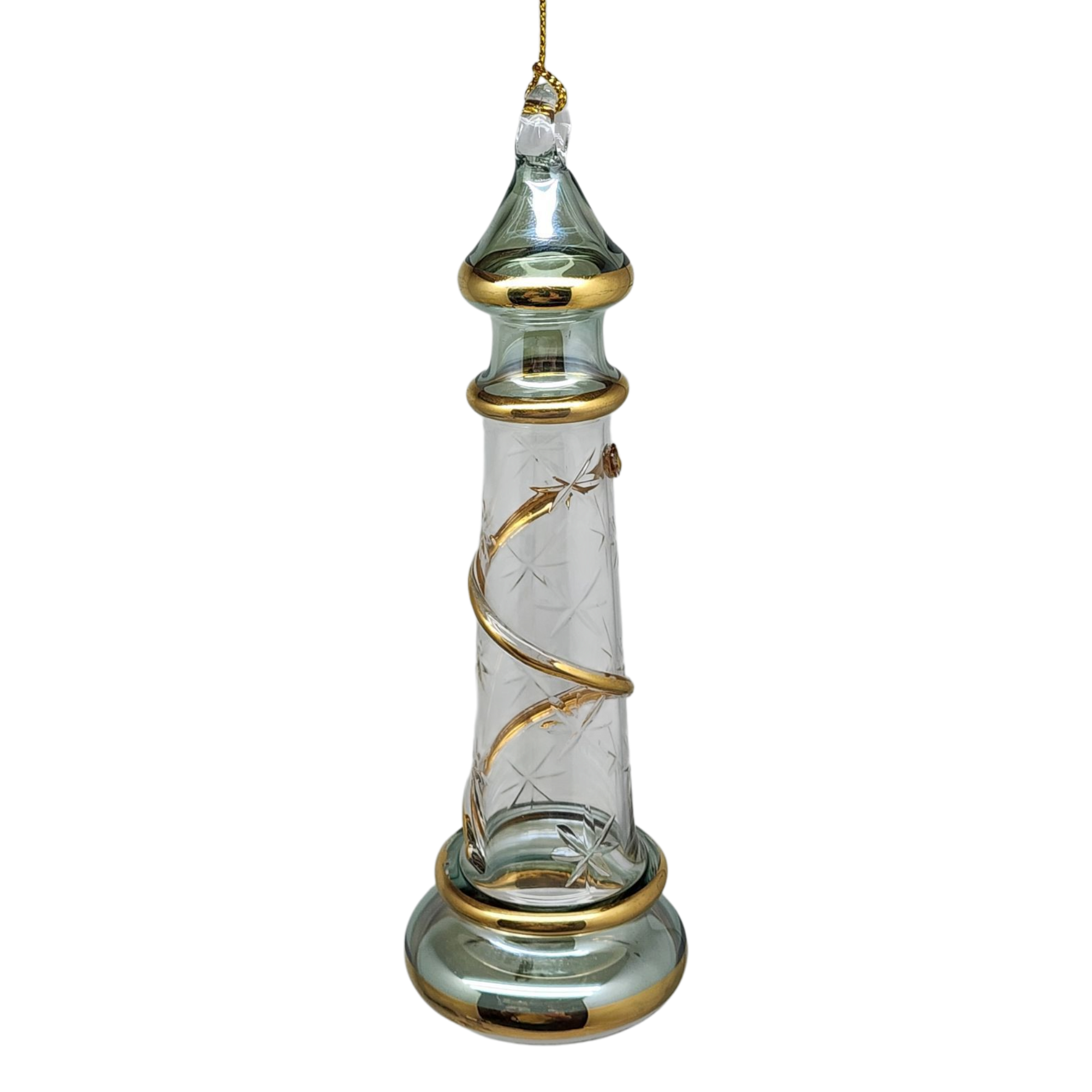 Glass Lighthouse Ornament With Gold Accent - Green