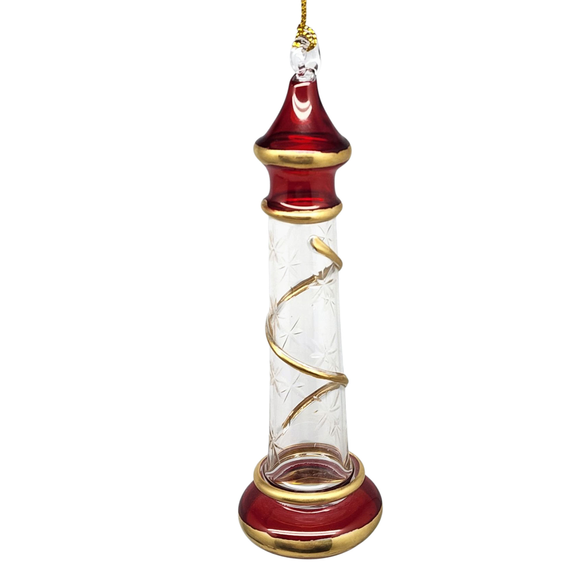 Glass Lighthouse Ornament With Gold Accent - Red