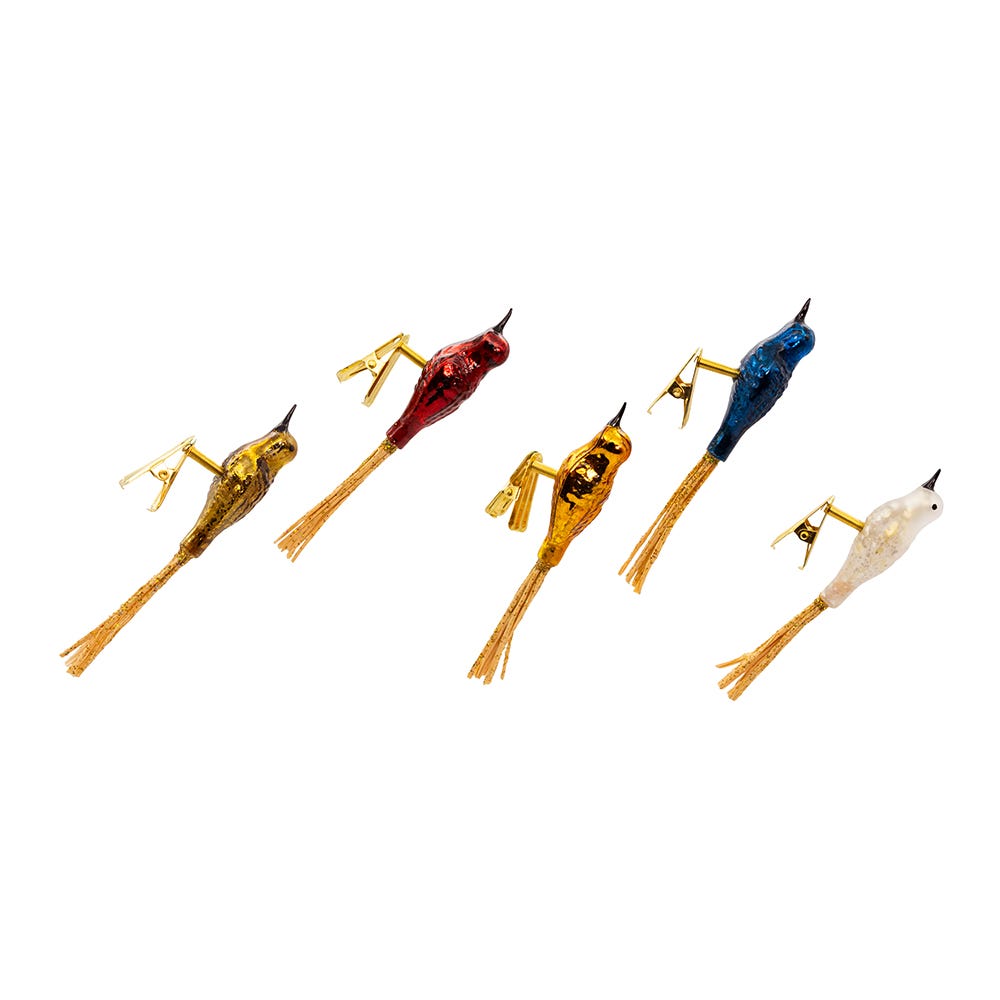 Glass Vintage Clip-On Bird Ornaments - 5 Piece Set