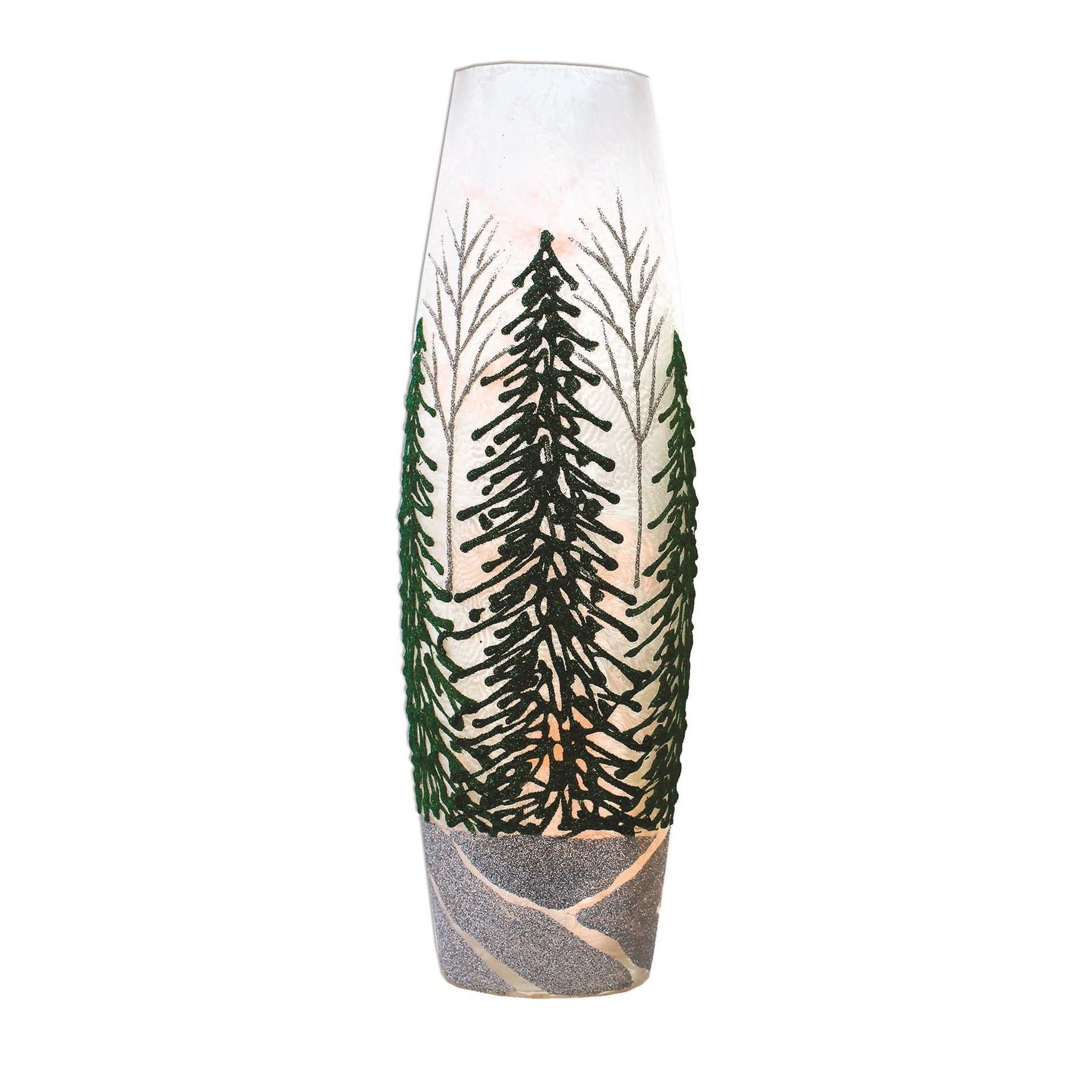 Glittering Green Trees - Lighted 12 Inch Vase - Silver Tree