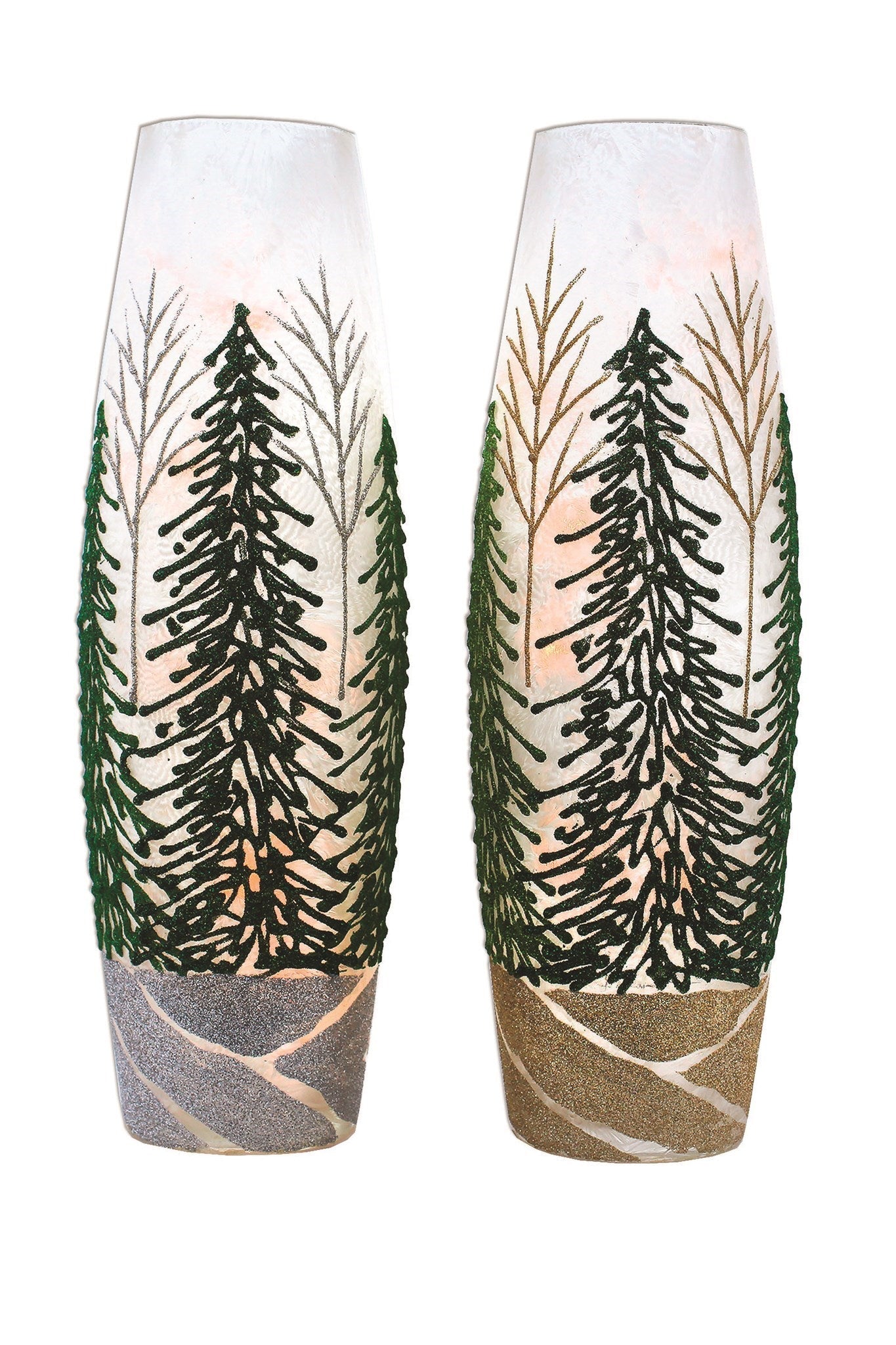 Glittering Green Trees - Lighted 12 Inch Vase - Silver Tree