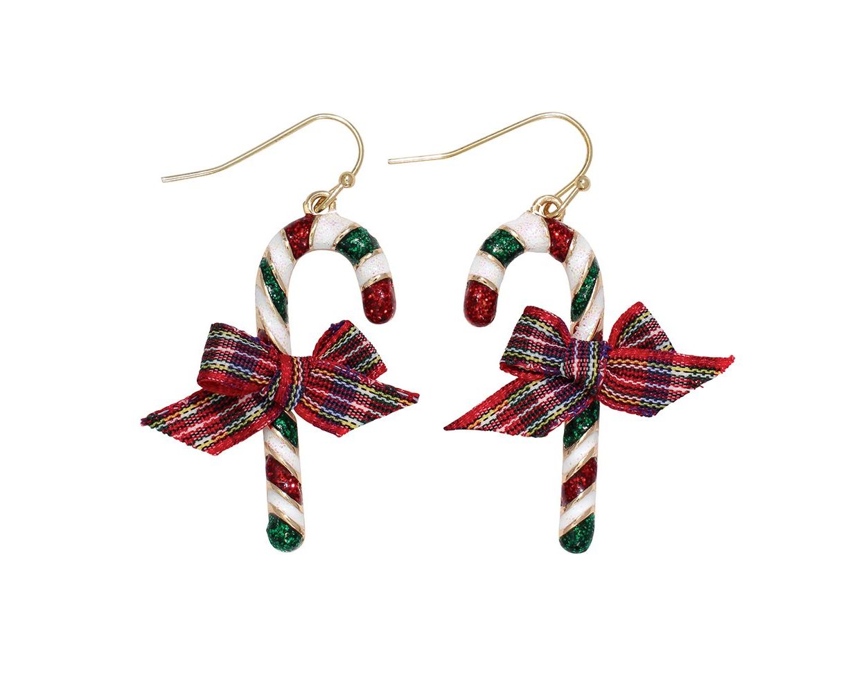 Glittery Candy Canes with Plaid Bows Earrings