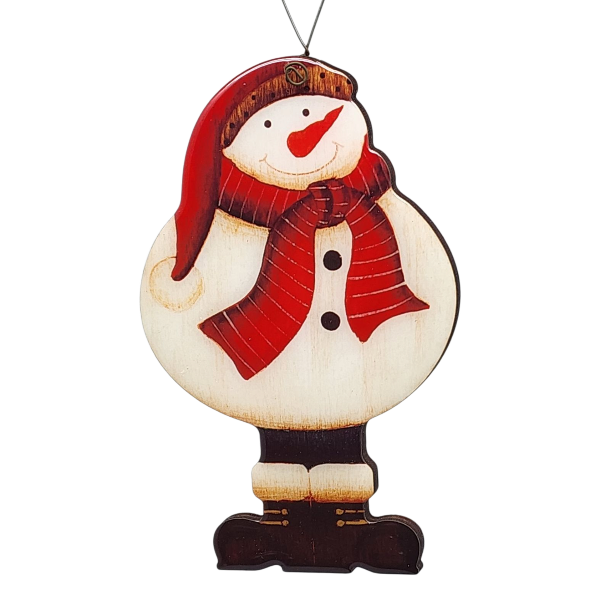 Glossy Wooden Snowman Ornament - 5 Inches