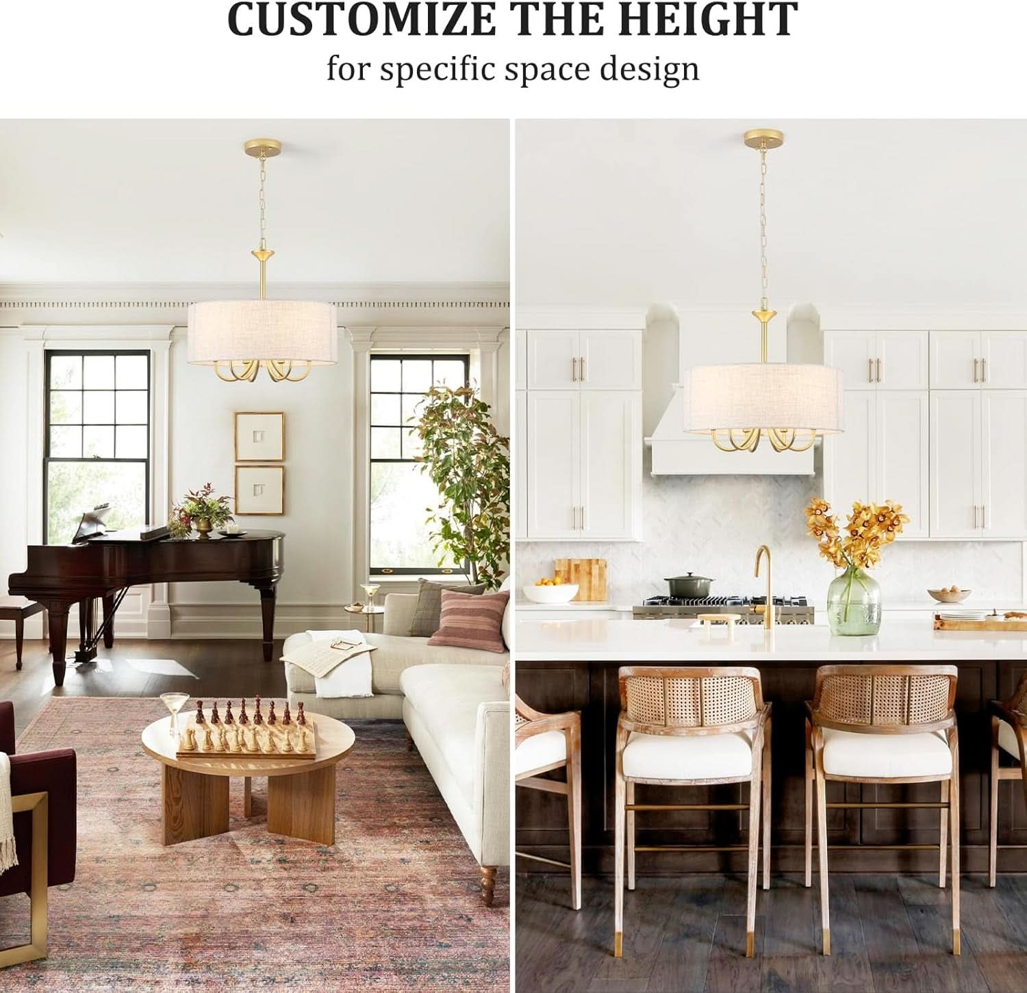 Gold Drum Chandelier With Fabric Shade 6 Light Fixture