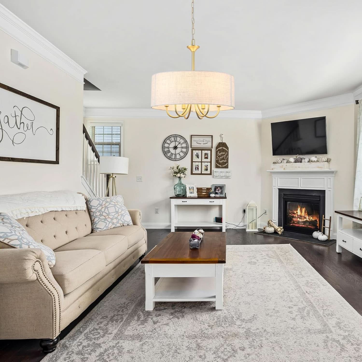 Gold Drum Chandelier With Fabric Shade 6 Light Fixture