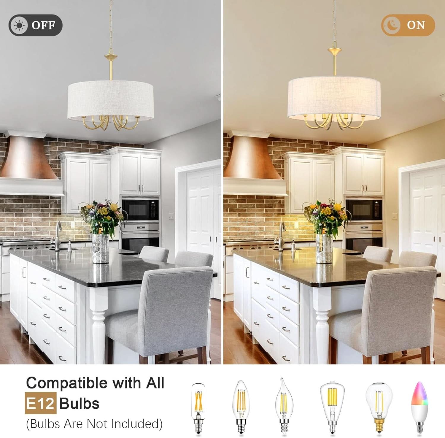Gold Drum Chandelier With Fabric Shade 6 Light Fixture