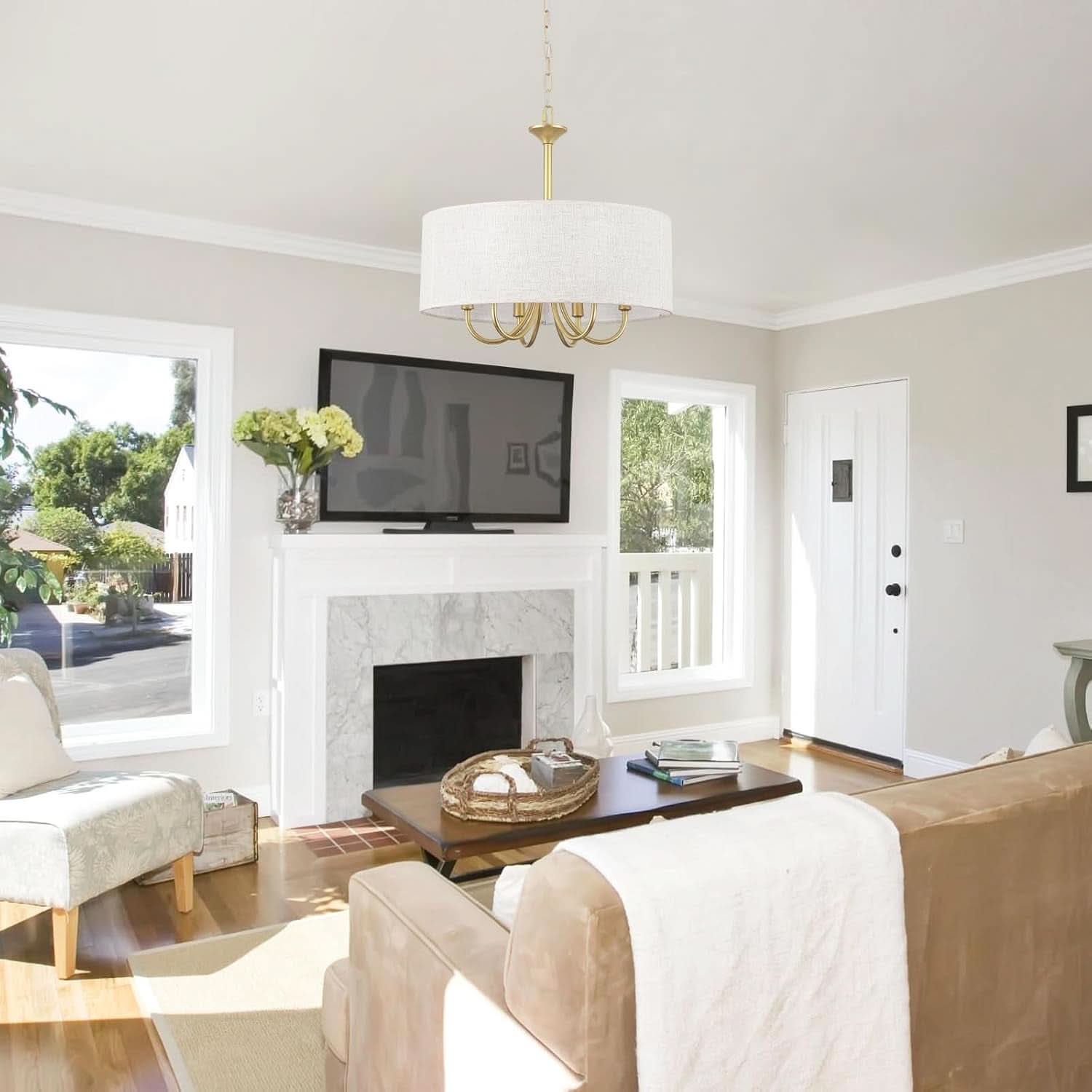 Gold Drum Chandelier With Fabric Shade 6 Light Fixture