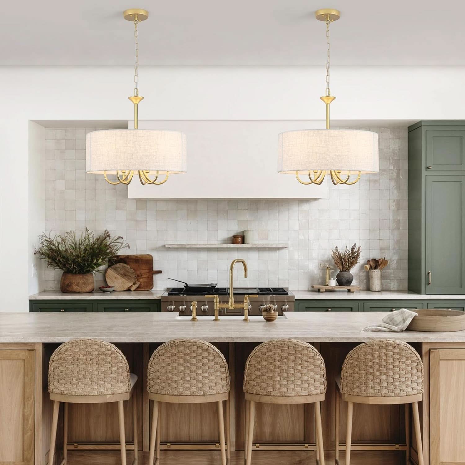 Gold Drum Chandelier With Fabric Shade 6 Light Fixture