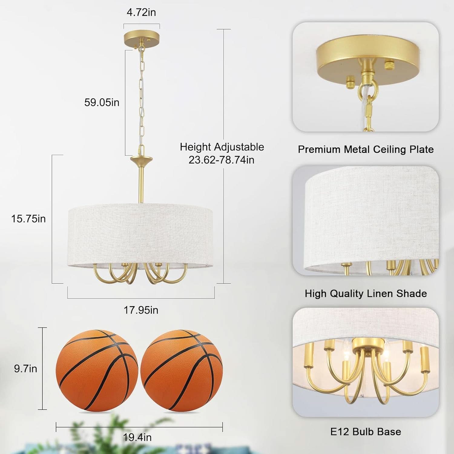 Gold Drum Chandelier With Fabric Shade 6 Light Fixture
