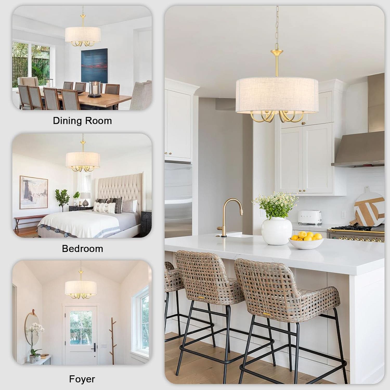 Gold Drum Chandelier With Fabric Shade 6 Light Fixture