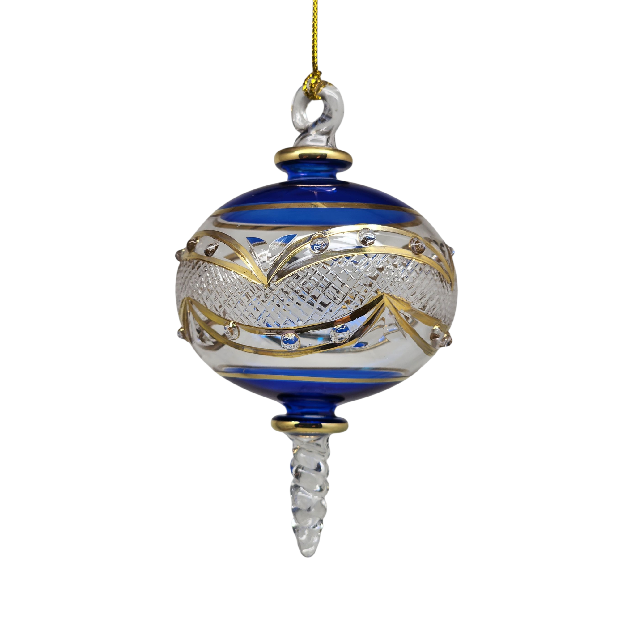 Gold Etched Blown Glass Sphere - Blue
