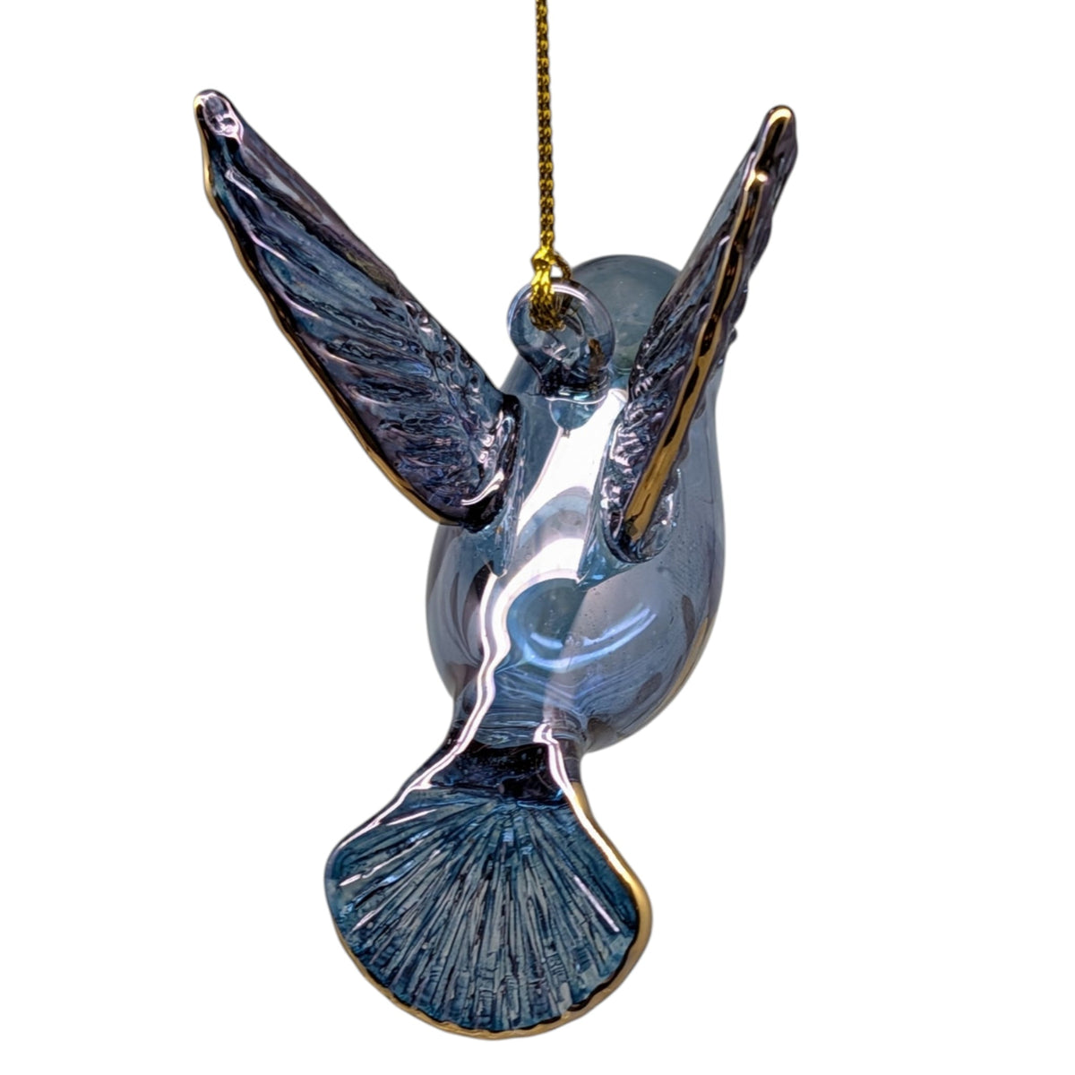 Gold Etched Glass Hummingbird Ornament - Blue