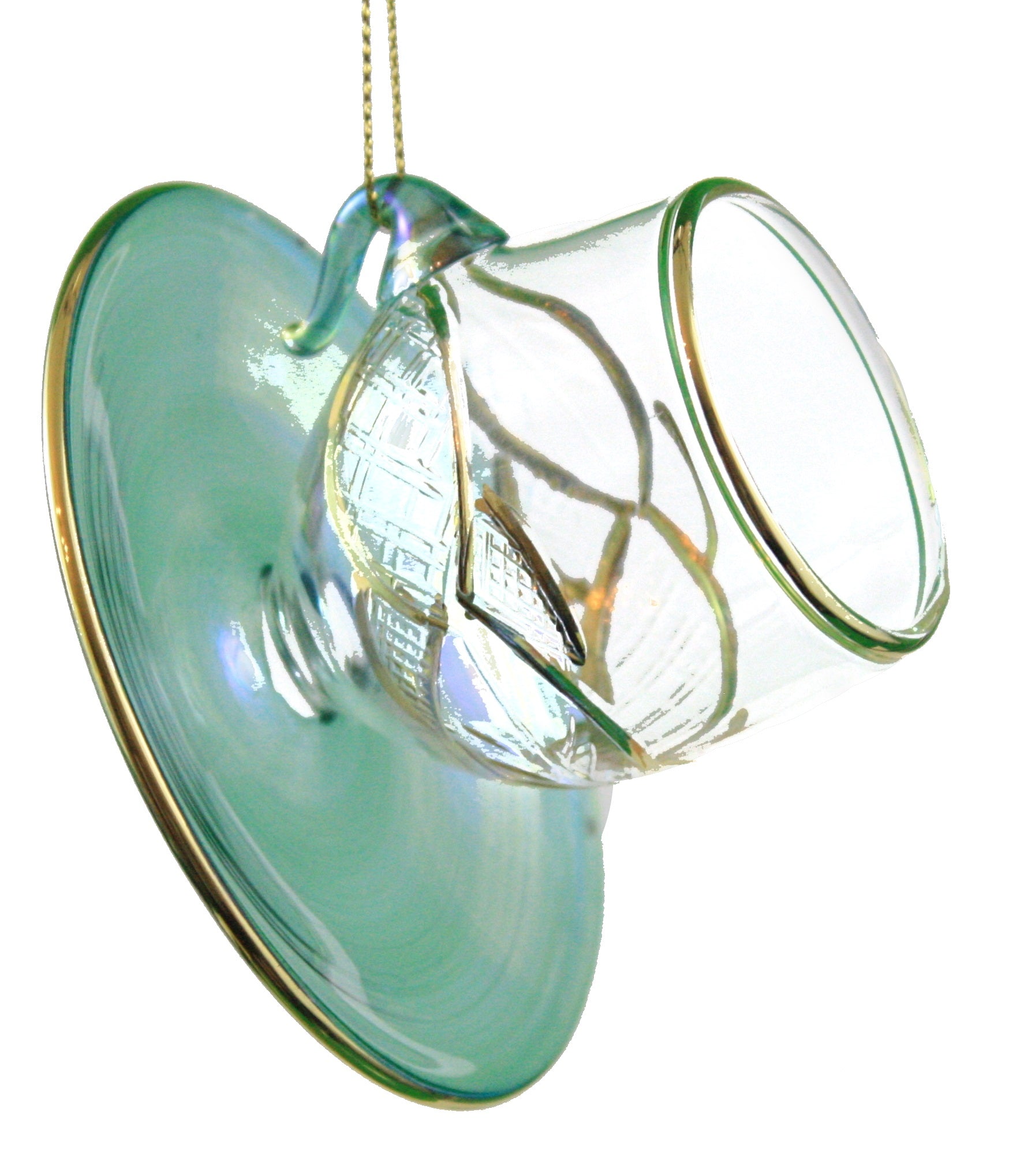 Gold Etched Teacup and Saucer Ornament - Green