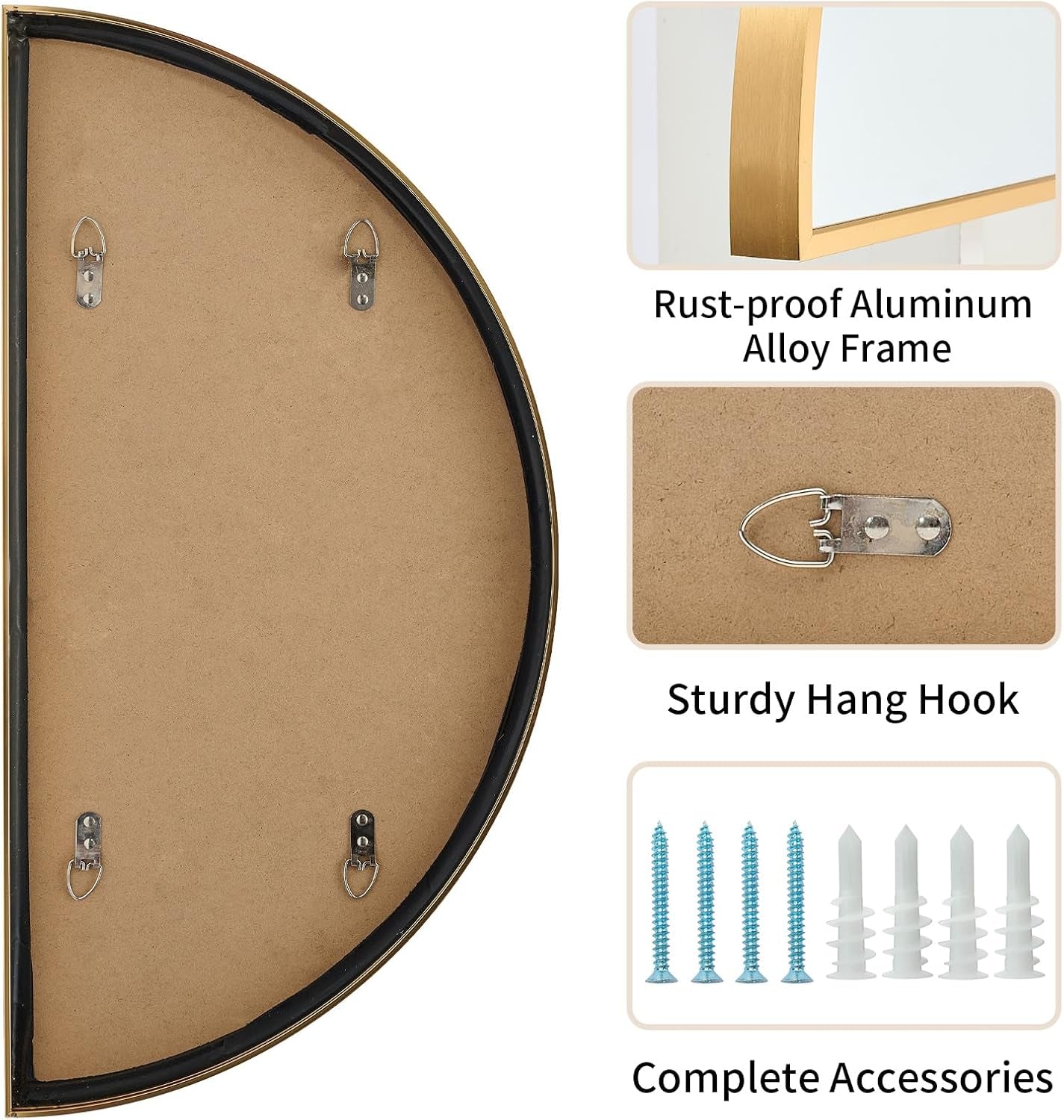 Gold Half Circle Wall Mirror 24x12 Inch Aluminum Alloy
