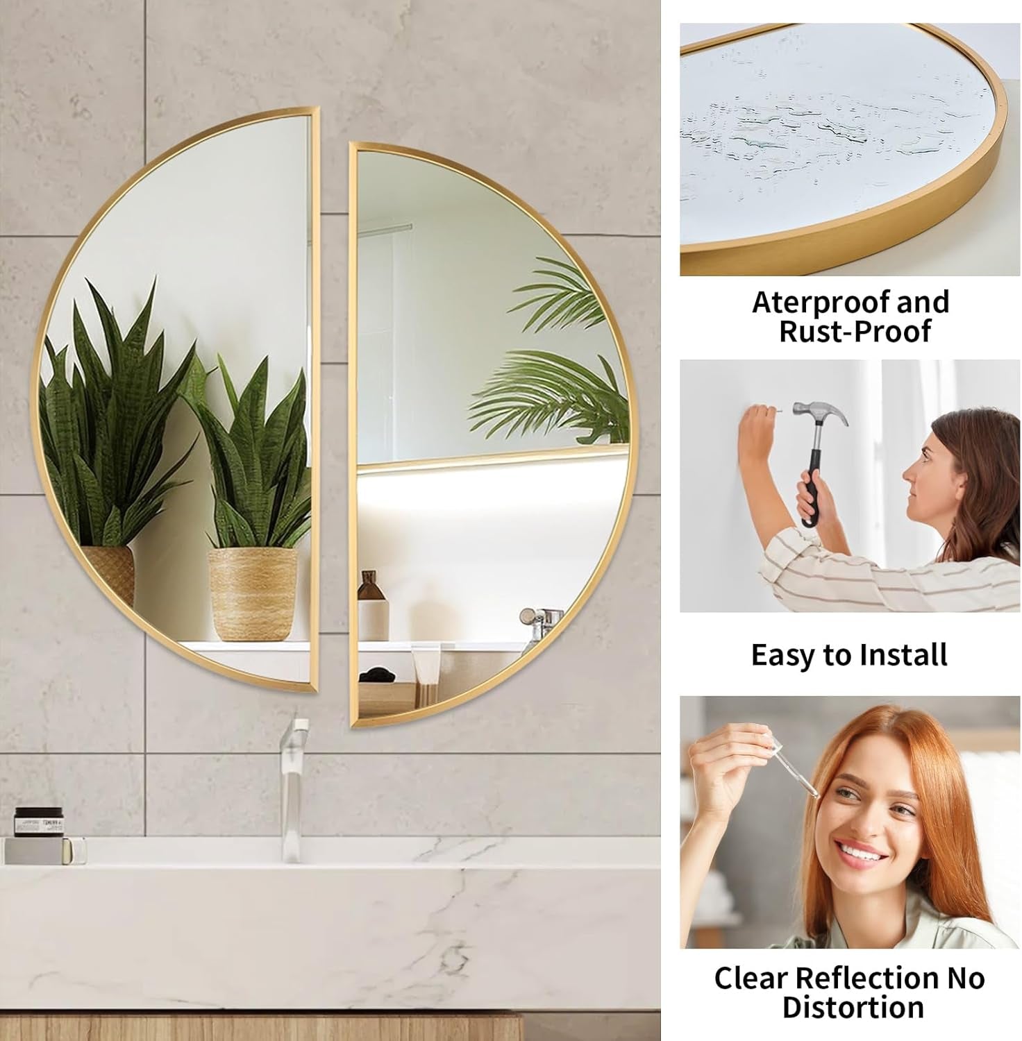 Gold Half Circle Wall Mirror 24x12 Inch Aluminum Alloy