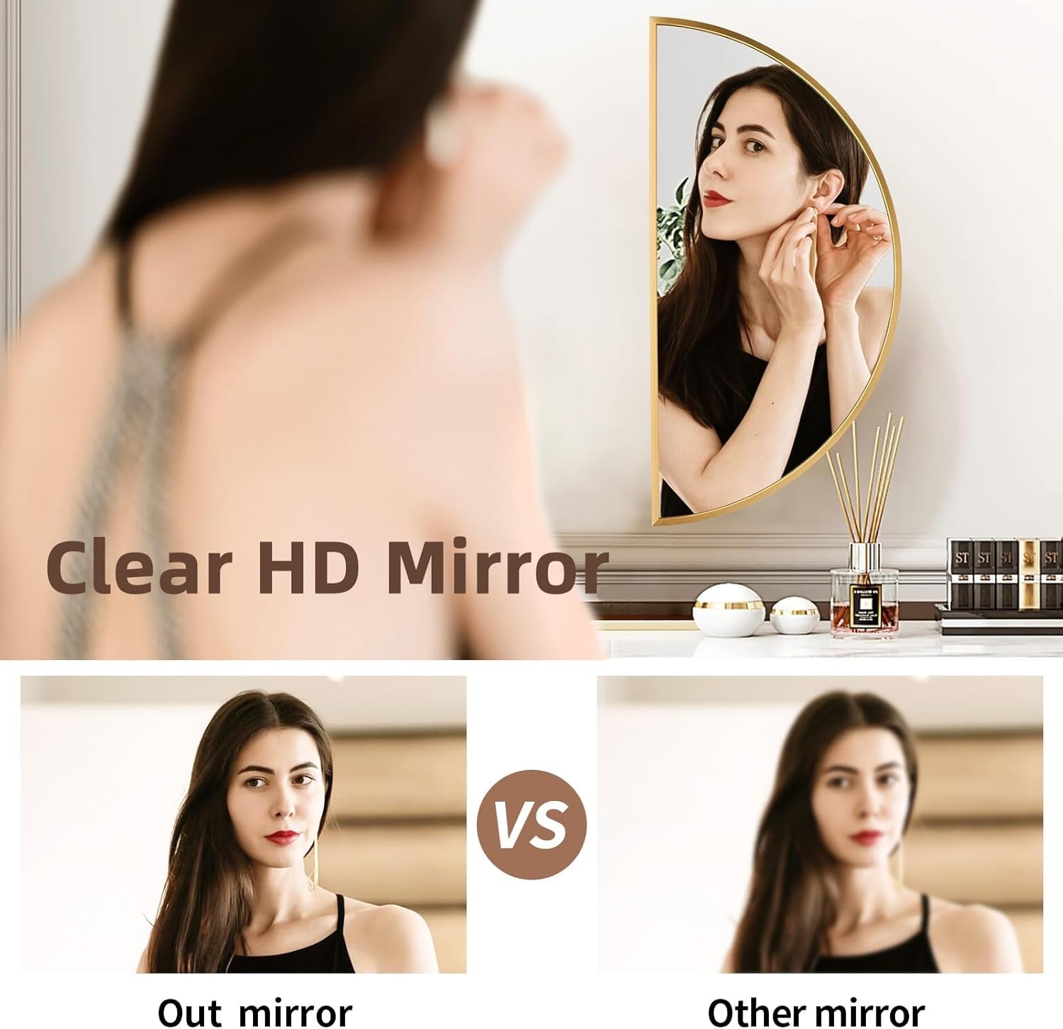 Gold Half Circle Wall Mirror 24x12 Inch Aluminum Alloy