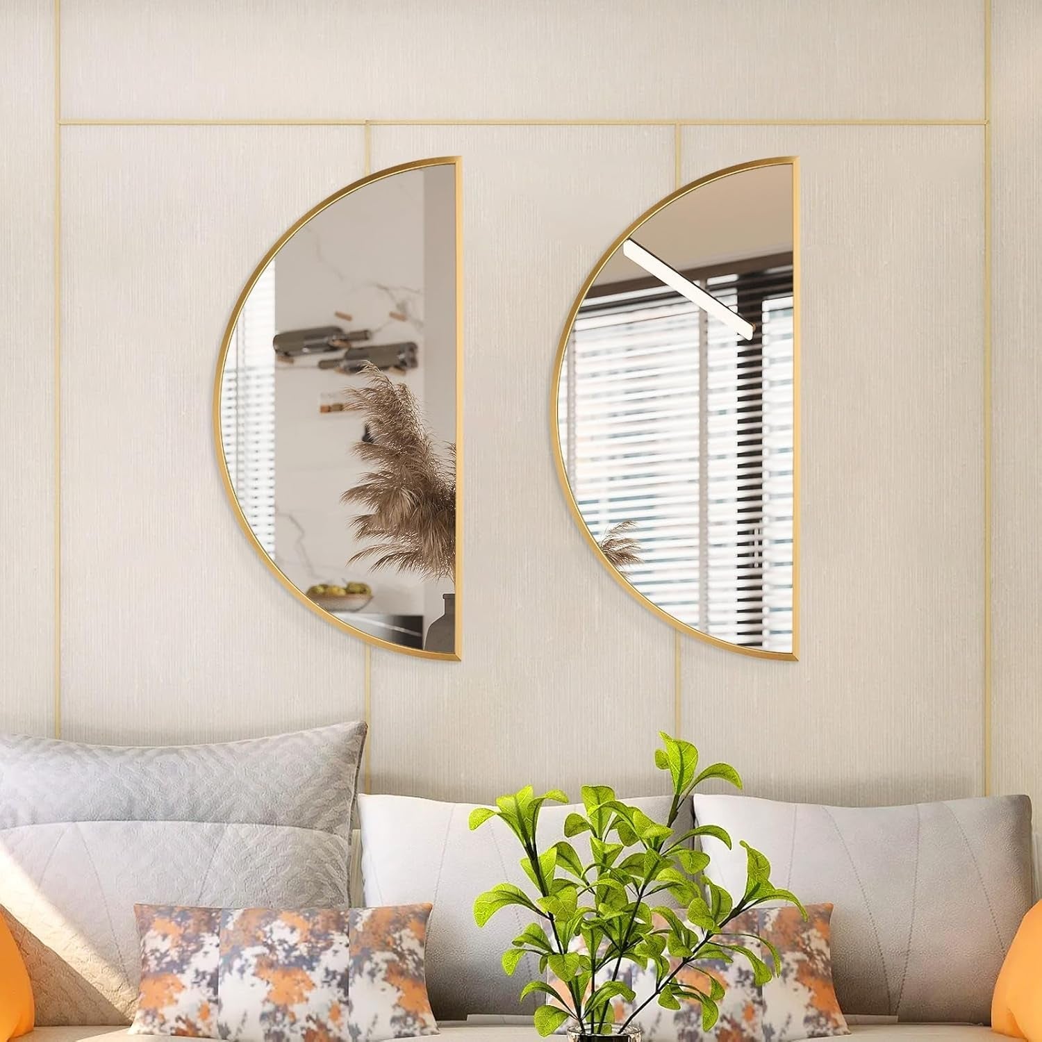 Gold Half Circle Wall Mirror 24x12 Inch Aluminum Alloy