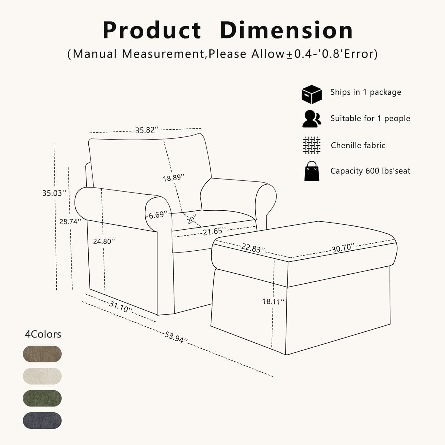 Gray 35 Inch Accent Chair With Ottoman And Chaise Lounge