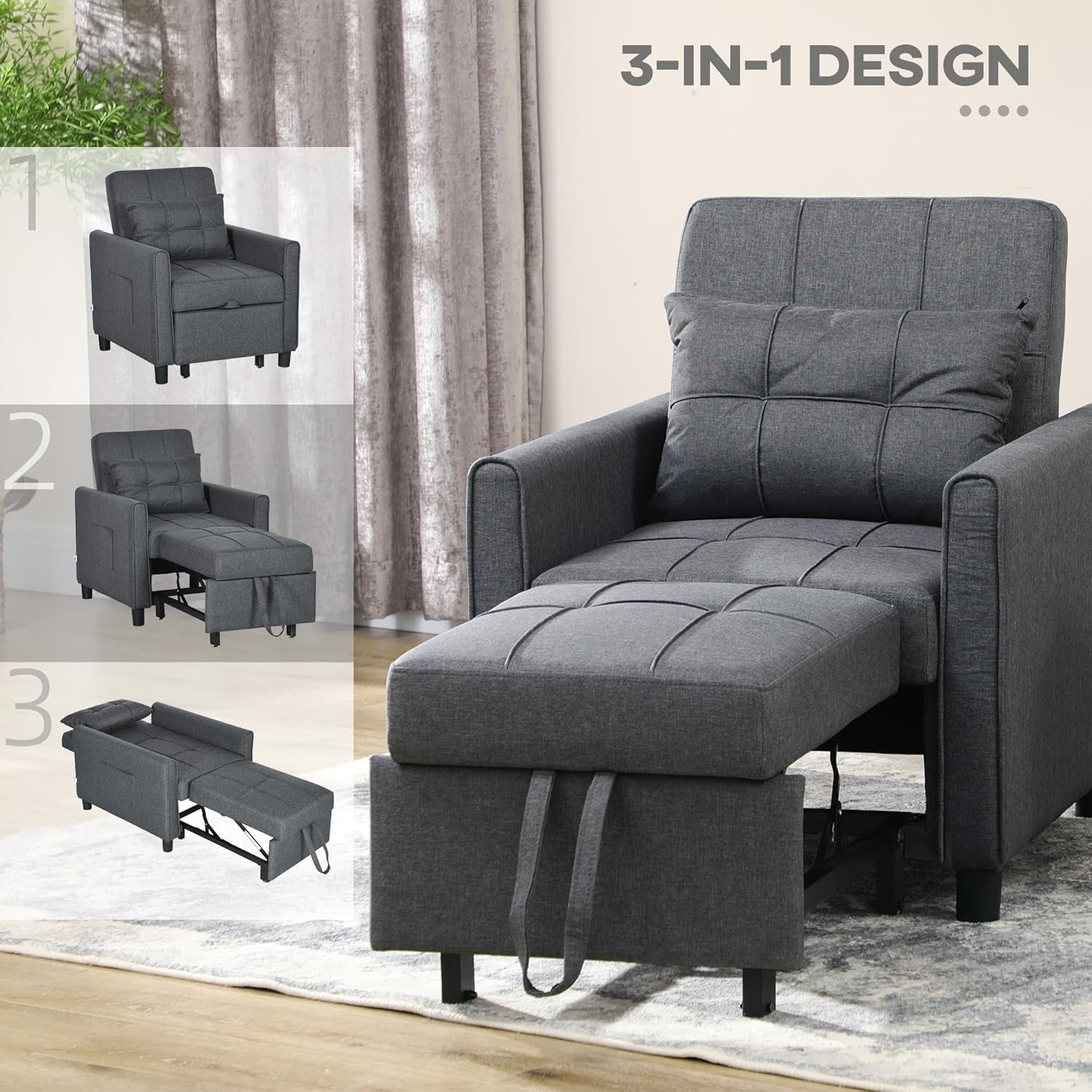 Gray Convertible Chair Bed With Adjustable Backrest