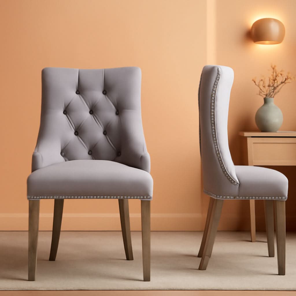 Gray Fabric Dining Chairs Set Of 2 With Nailhead Trim