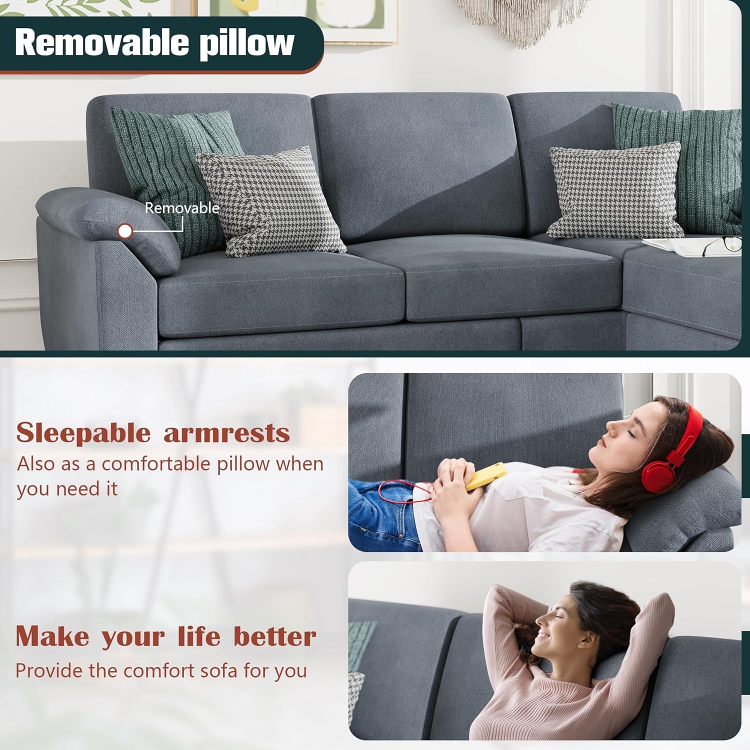 Gray Linen Sectional Sofa With Removable Pillows Included
