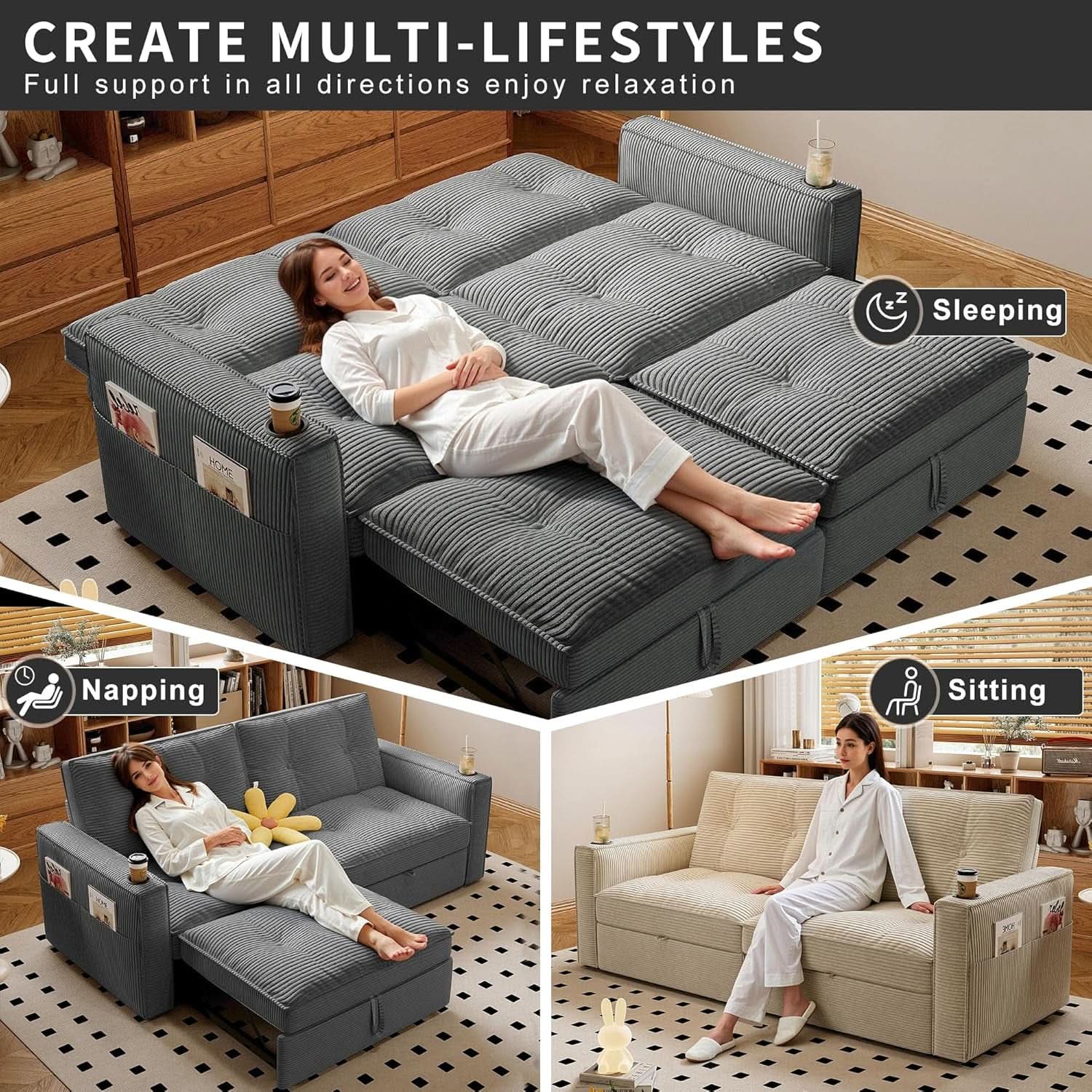 Gray Queen CorduroyTexture Transformable Sofa Bed USB