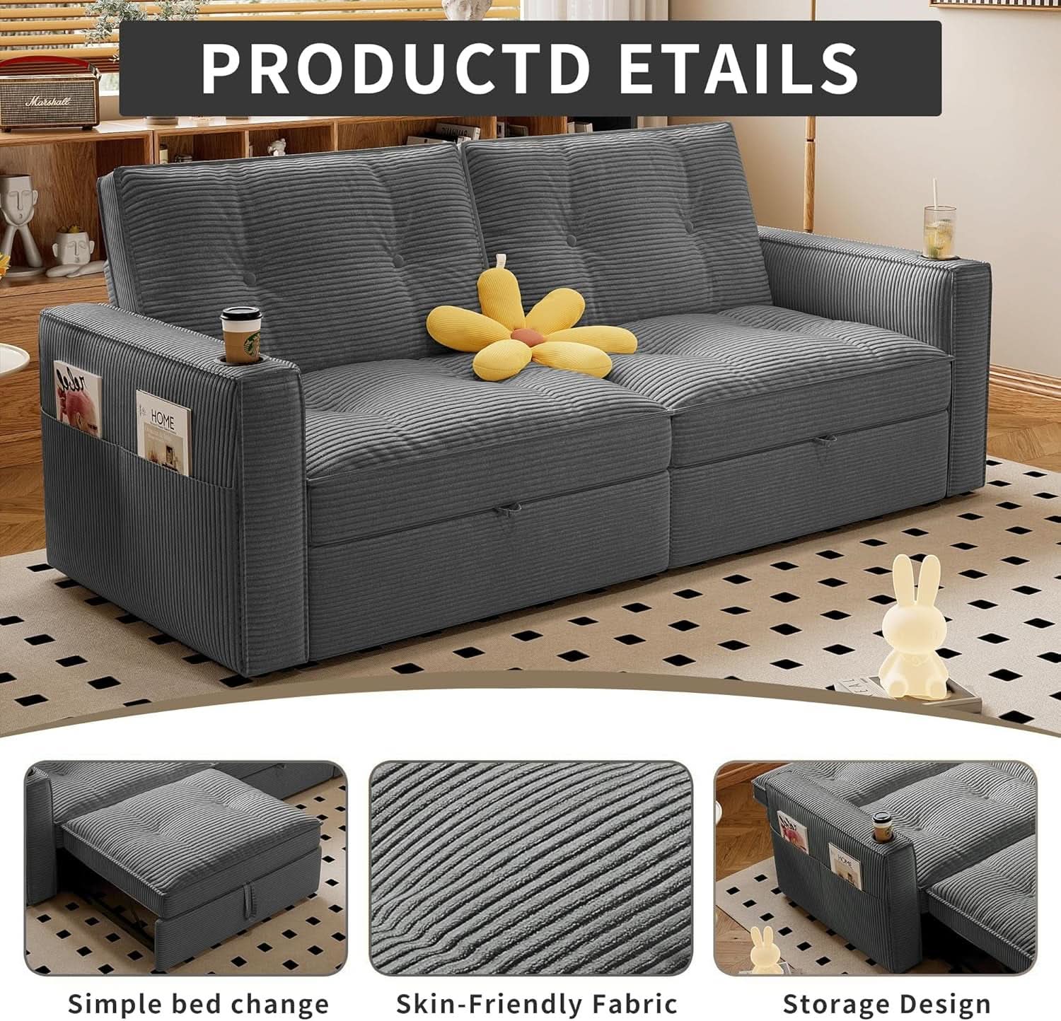 Gray Queen CorduroyTexture Transformable Sofa Bed USB