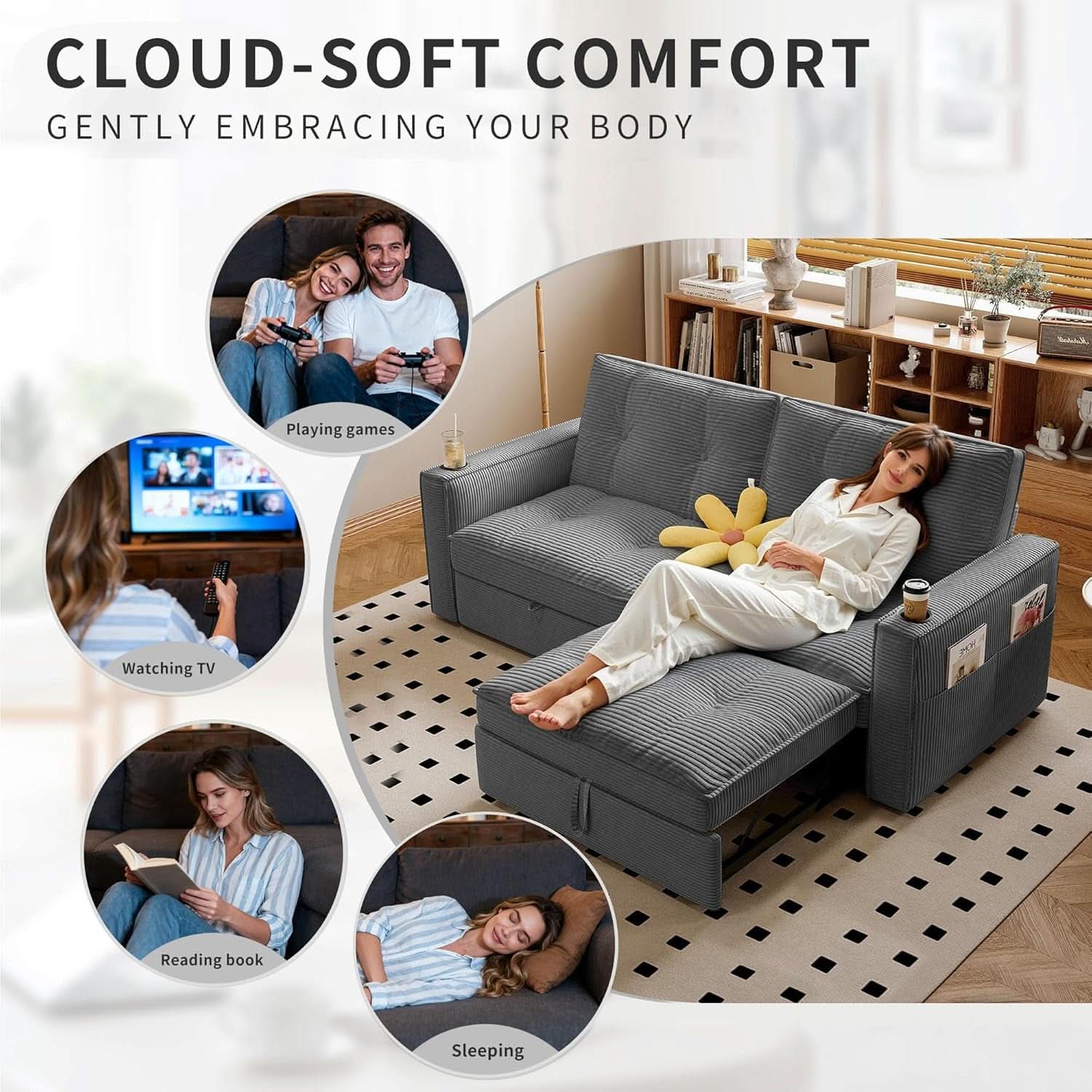 Gray Queen CorduroyTexture Transformable Sofa Bed USB